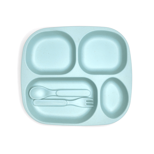 mint colour bamboo fibre eco friendly divided plate set with spoon and fork