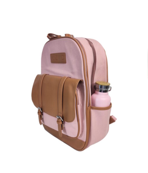pink canvas backpack for kids with leather detail